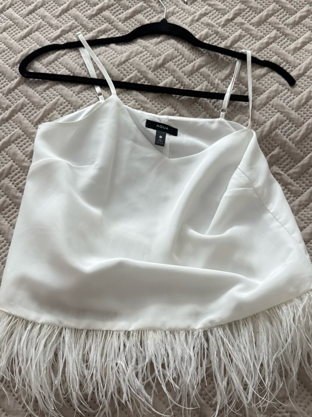 Aqua White Satin Feather-Trim Cami